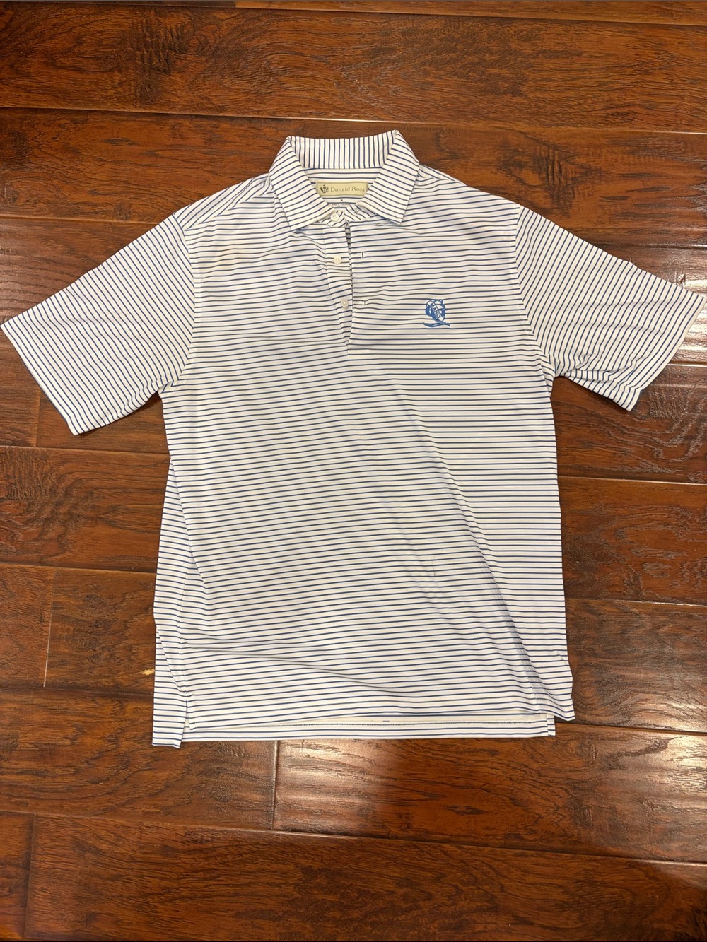 Donald Ross Men's White Golf Polo with Navy Micro-Stripes and Embroidered Crest